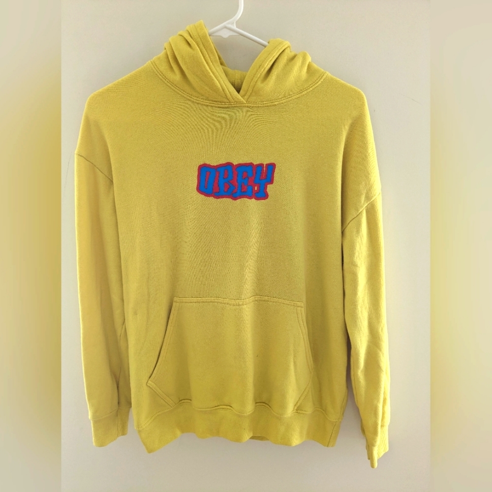 Obey Yellow Hoodie Sweatshirt Blue Logo Cotton‎ Blend Size M